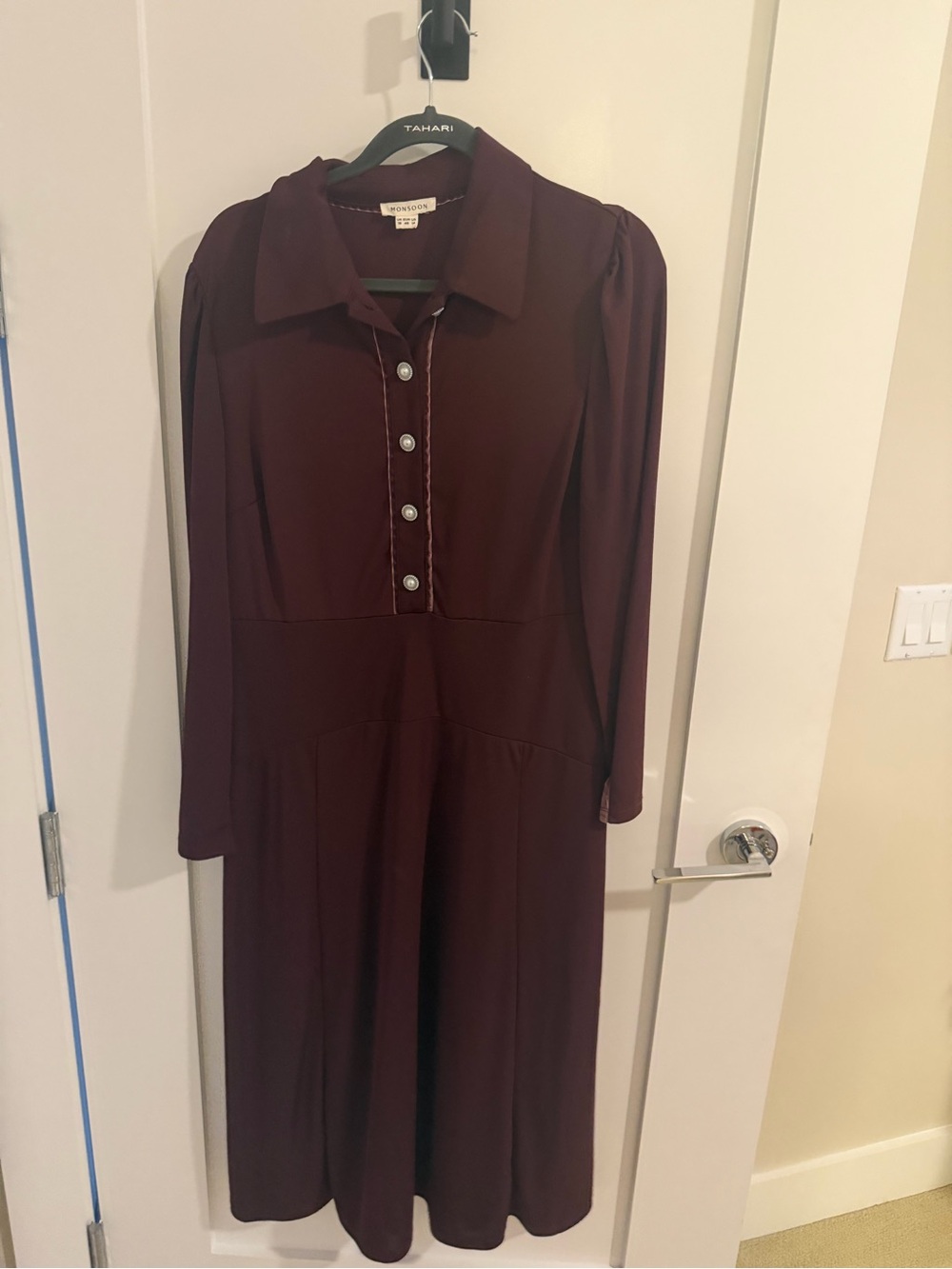 Monsoon Burgundy Long-Sleeve Collared Midi Dress